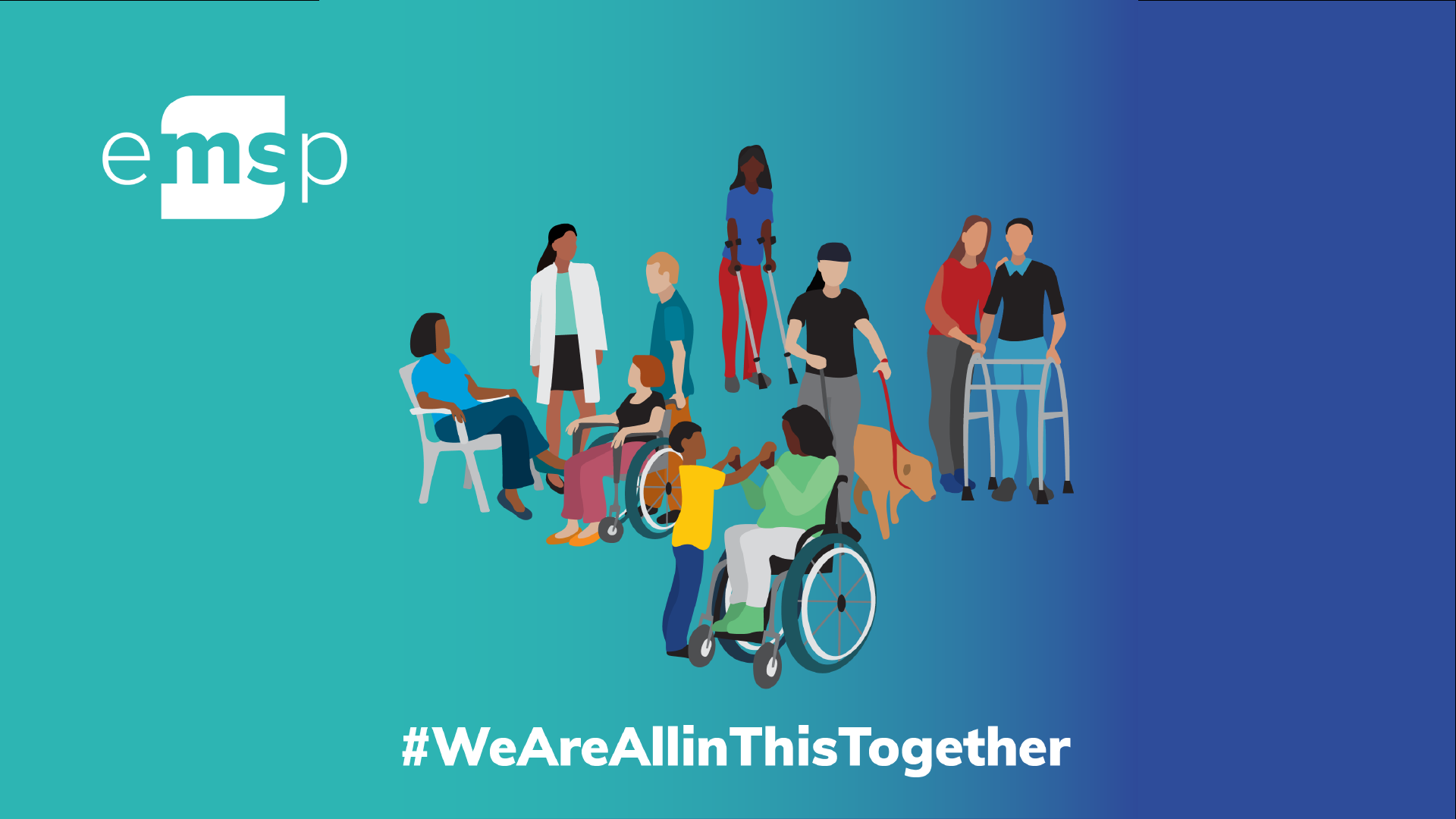 People living with MS with different levels of disabilities and of different racial and ethnic background. Text says hashtag We are all in this together.