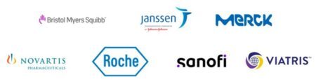 Logos of BMS Janssen Merck Novartis Roche Sanofi and Viatris