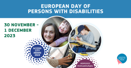 Poster advertising the European Day of Persons with Disabilities 2023 with images of people with disabilities