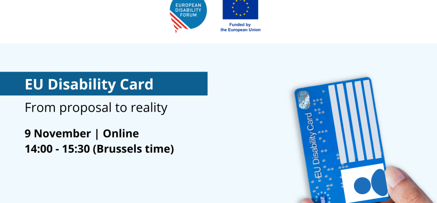 Hand holding European Disability card and online event information: 9 November 2023, 14:00-15:30, organised by the European Disability Forum