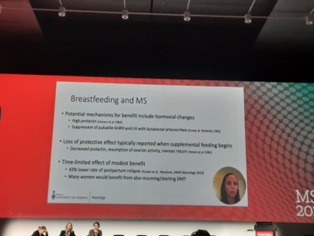 Breastfeeding and MS slide displayed on a large screen at ECTRIMS