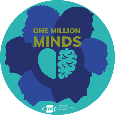 Campaign logo containing 6 heads and symbol of a brain and heart with words One Million Minds