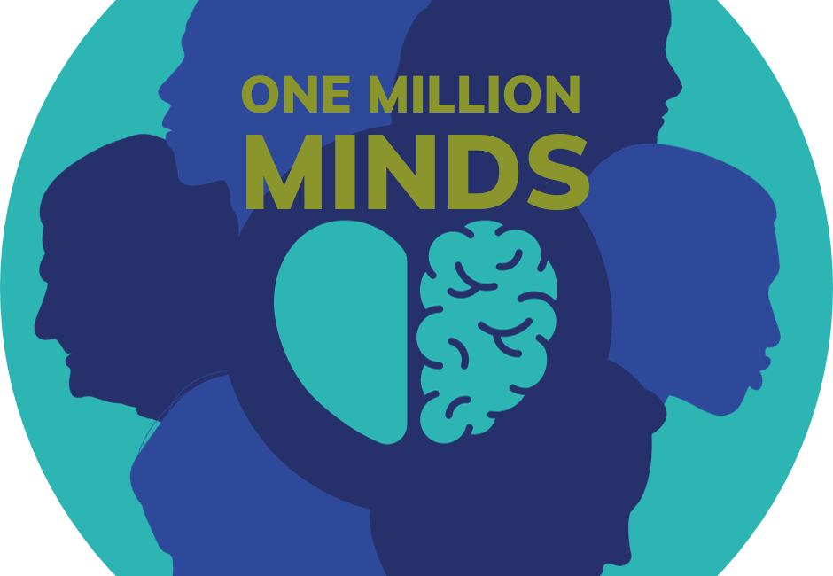Campaign logo containing 6 heads and symbol of a brain and heart with words One Million Minds