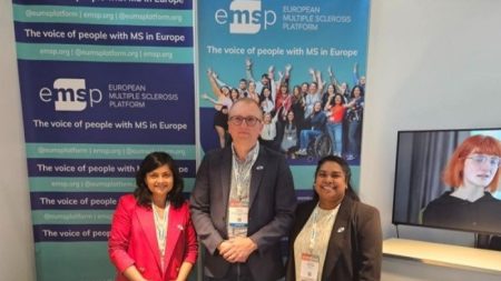 EMSP team, Debianka Mukherjee, Zilvinas Gavenas and Elisabeth Kasilingam at the EMSP booth at ECTRIMS