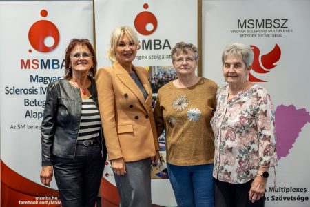 Dr. Erzsébet Fazekasné Magda (Executive Secretary of MSMBA) on the left, and Anita Szántai (President of MSMBA) second from the left, pictured together with leaders of Hungarian MS patient organisations.